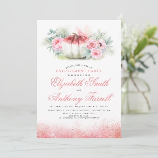 Rose Gold Glitzer Pumpkin Fall Engagement Party Einladung (Stehend Vorderseite)