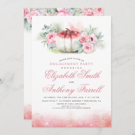 Rose Gold Glitzer Pumpkin Fall Engagement Party Einladung (Vorne/Hinten)