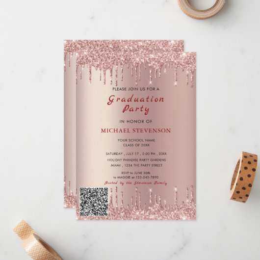 Rose Gold Glitzer QR Code Abschluss Einladung (Vorderseite/Rückseite Beispiel)