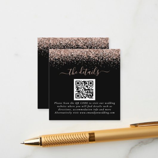 Rose Gold Glitzer QR Code Black Wedding Details Begleitkarte (Vorderseite/Rückseite Beispiel)