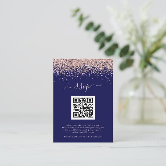 Rose Gold Glitzer QR Code Hochzeit Navy Blush UAWG Begleitkarte (Stehend Vorderseite)