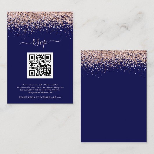 Rose Gold Glitzer QR Code Hochzeit Navy Blush UAWG Begleitkarte (Vorne/Hinten)
