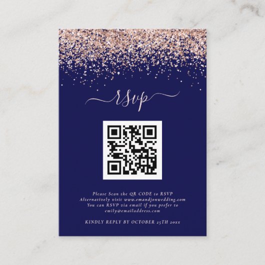 Rose Gold Glitzer QR Code Hochzeit Navy Blush UAWG Begleitkarte (Vorderseite)