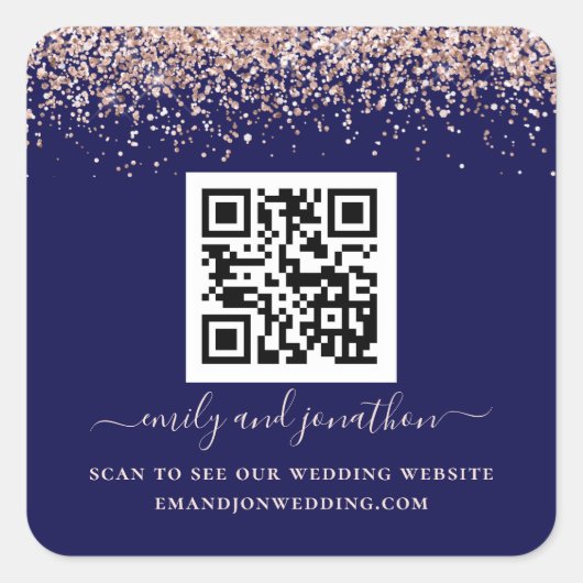 Rose Gold Glitzer QR Code Hochzeit Website Navy Quadratischer Aufkleber (Vorderseite)