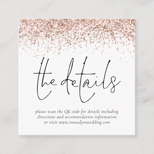 Rose Gold Glitzer QR Code Hochzeitdetails Begleitkarte (Vorderseite)