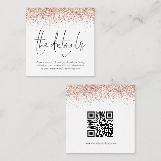 Rose Gold Glitzer QR Code Hochzeitdetails Begleitkarte (Vorne/Hinten)