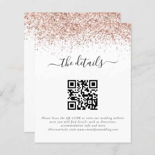 Rose Gold Glitzer QR Code Hochzeitsdetails (Vorne/Hinten)