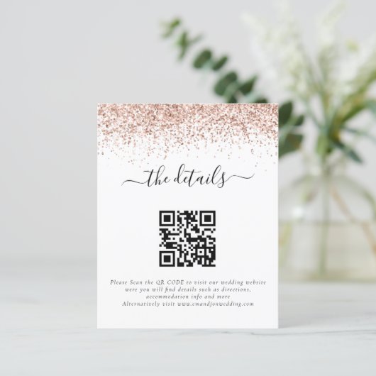 Rose Gold Glitzer QR Code Hochzeitsdetails (Stehend Vorderseite)