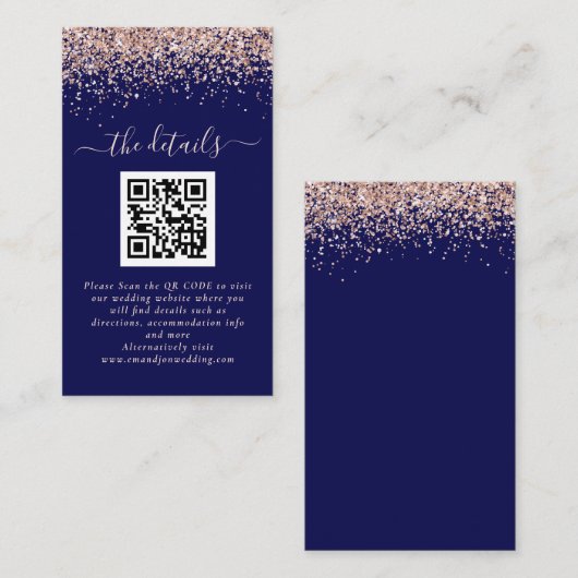 Rose Gold Glitzer QR Code Hochzeitsdetails Begleitkarte (Vorne/Hinten)