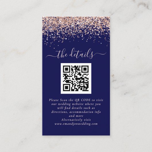 Rose Gold Glitzer QR Code Hochzeitsdetails Begleitkarte (Vorderseite)