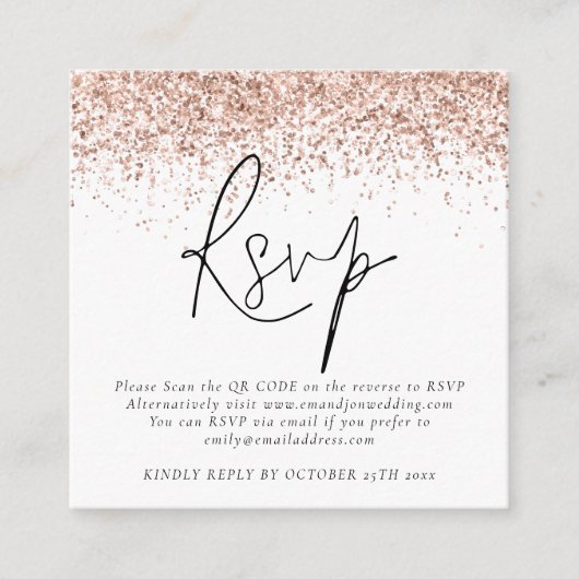 Rose Gold Glitzer QR Code Skript Hochzeit RSVP Begleitkarte (Vorderseite)