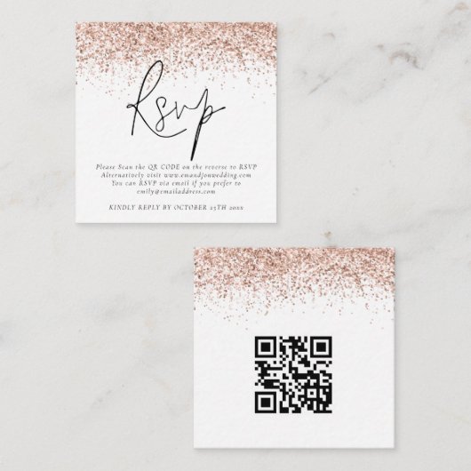 Rose Gold Glitzer QR Code Skript Hochzeit RSVP Begleitkarte (Vorne/Hinten)