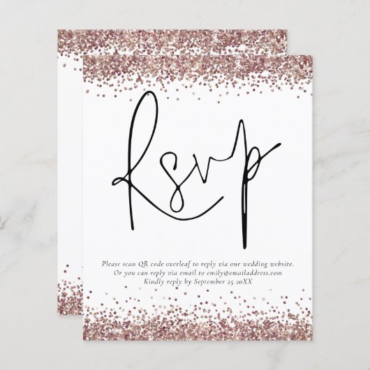 Rose Gold Glitzer QR Code Wedding RSVP enc (Vorne/Hinten)