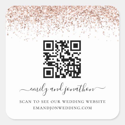 Rose Gold Glitzer QR Code Wedding Website Quadratischer Aufkleber (Vorderseite)