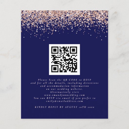 Rose Gold Glitzer QR Navy Einladung (Rückseite)