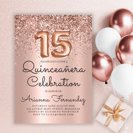 Rose Gold Glitzer Quinceañera 15. Geburtstag Einladung
