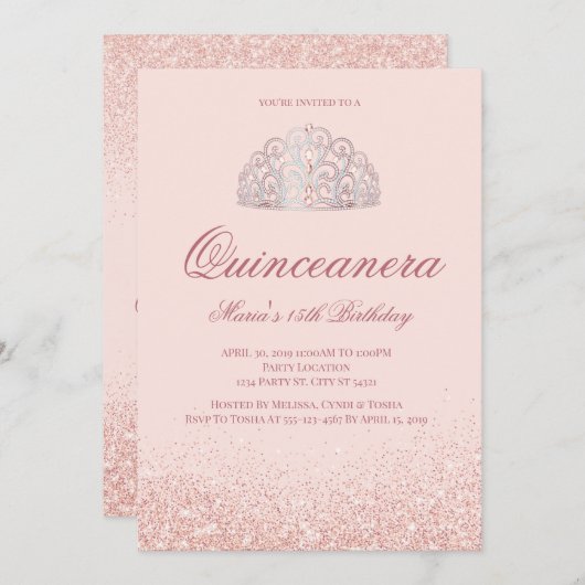 Rose Gold Glitzer Quinceanera Einladungen (Vorne/Hinten)