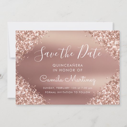 Rose Gold Glitzer Quinceanera Save the Date (Rückseite)