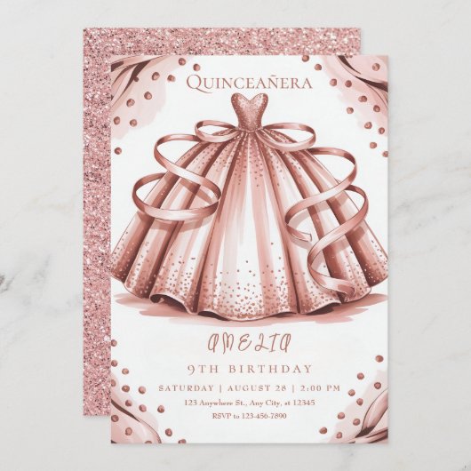 Rose Gold Glitzer Quinceñera Einladung (Vorne/Hinten)