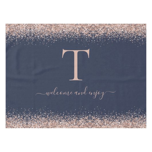 Rose Gold Glitzer Quote Monogram Erstblauer Navy Tischdecke (Vorderseite (Horizontal))