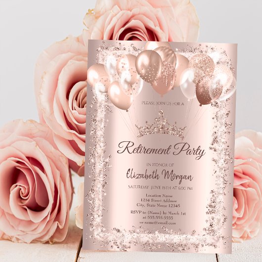 Rose Gold Glitzer Rahmen Kronenbalken Ruhestand Einladung