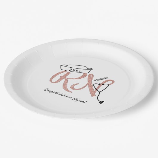 Rose Gold Glitzer RN Abschluss Pinning Party Deko Pappteller (Schrägansicht)