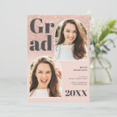 Rose Gold Glitzer Rosa  3 Foto Abschluss Einladung (Stehend Vorderseite)