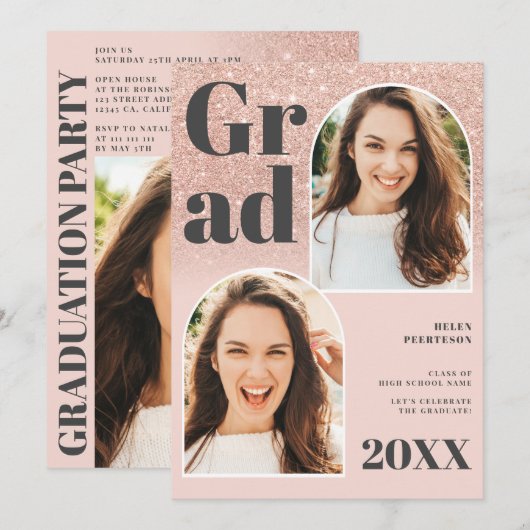 Rose Gold Glitzer Rosa  3 Foto Abschluss Einladung (Vorne/Hinten)