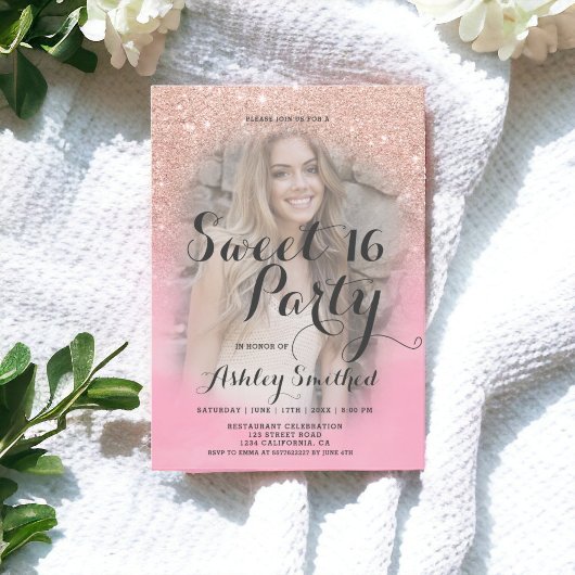 Rose Gold Glitzer Rosa Aquarell Foto Sweet 16 Einladung