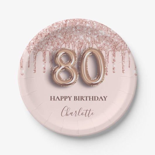 Rose Gold Glitzer Rosa Ballon Stil 80. Pappteller (Vorderseite)