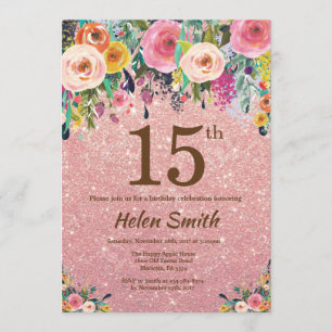 Rose Gold Glitzer Rosa Blume 15. Geburtstag Einladung
