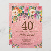 Rose Gold Glitzer Rosa Blume 40. Geburtstag Einladung (Vorne/Hinten)