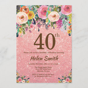 Rose Gold Glitzer Rosa Blume 40. Geburtstag Einladung