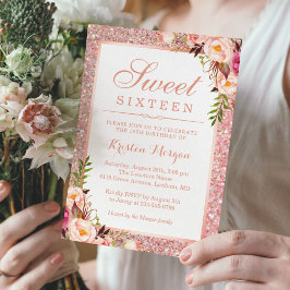 Rose Gold Glitzer Rosa Blumensaft 16 Geburtstag Einladung