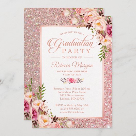 Rose Gold Glitzer Rosa Blumenstudium Party Einladung (Vorne/Hinten)