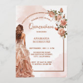 Rose Gold Glitzer Rosa Blütenblüte Quinceanera Folieneinladung (Vorderseite)