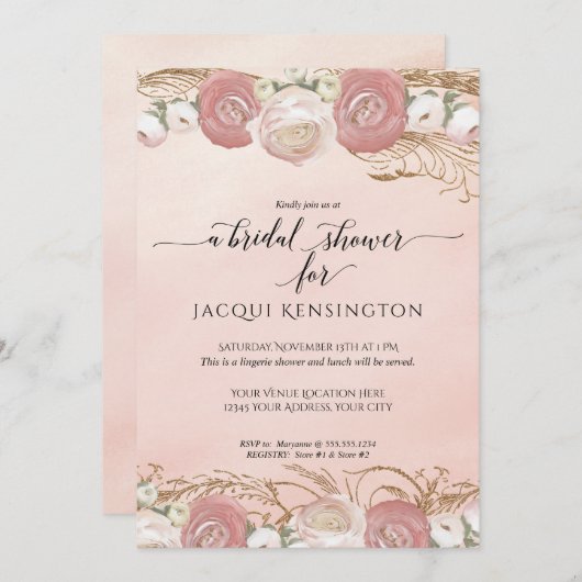 Rose Gold Glitzer Rosa Brautparty Einladung (Vorne/Hinten)