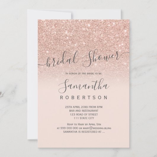 Rose Gold Glitzer Rosa Drehbuch Brautparty Einladung (Vorderseite)