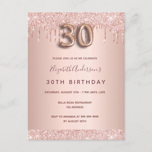 Rose Gold Glitzer Rosa Einladung zum 30. Geburtsta Postkarte (Vorderseite)