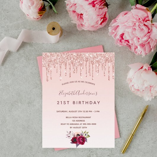 Rose Gold Glitzer Rosa Einladung zum Geburtstag Postkarte