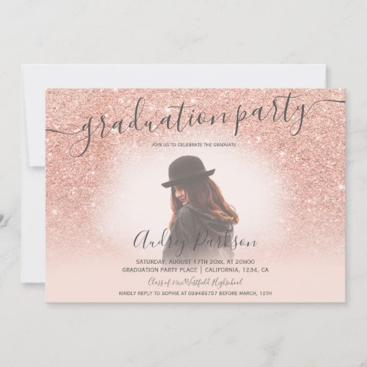 Rose Gold Glitzer Rosa Foto Abschluss Einladung (Vorderseite)