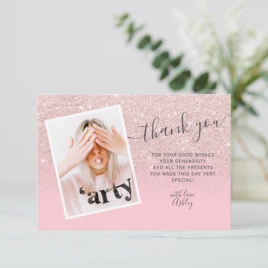 Rose Gold Glitzer Rosa Foto danke Sweet 16 (Stehend Vorderseite)