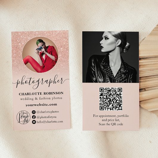 Rose Gold Glitzer Rosa Foto qr Logo Fotograf Visitenkarte