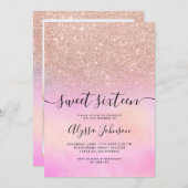 Rose Gold Glitzer Rosa holografisches Foto süß 16 Einladung (Vorne/Hinten)