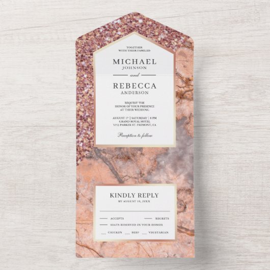 Rose Gold Glitzer Rosa Marmorhochzeit All In One Einladung (Innen Boden)
