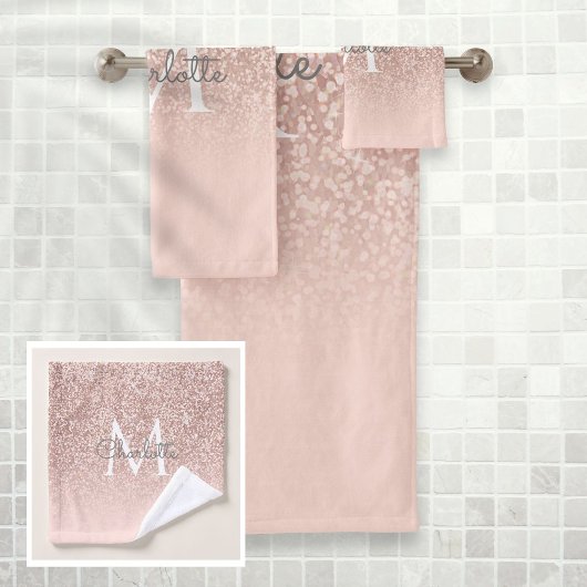 Rose Gold Glitzer Rosa Monogramm Badhandtuch Set