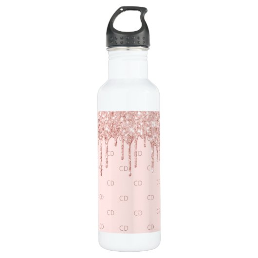 Rose Gold Glitzer Rosa Monogramm Edelstahlflasche (Vorderseite)