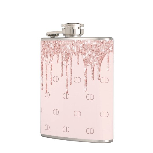 Rose Gold Glitzer Rosa Monogramm Flachmann (Links)