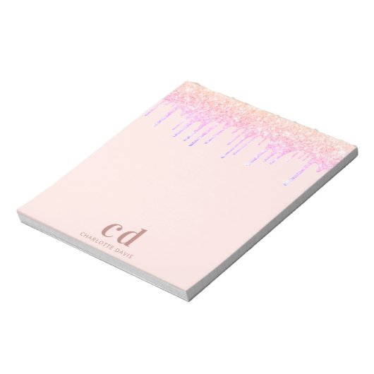 Rose Gold Glitzer Rosa Monogramm Initialen Notizblock (Rotiert)