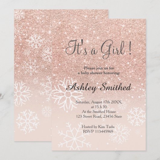 Rose Gold Glitzer Rosa Ober Schneemobil Babydusche Einladung (Vorne/Hinten)